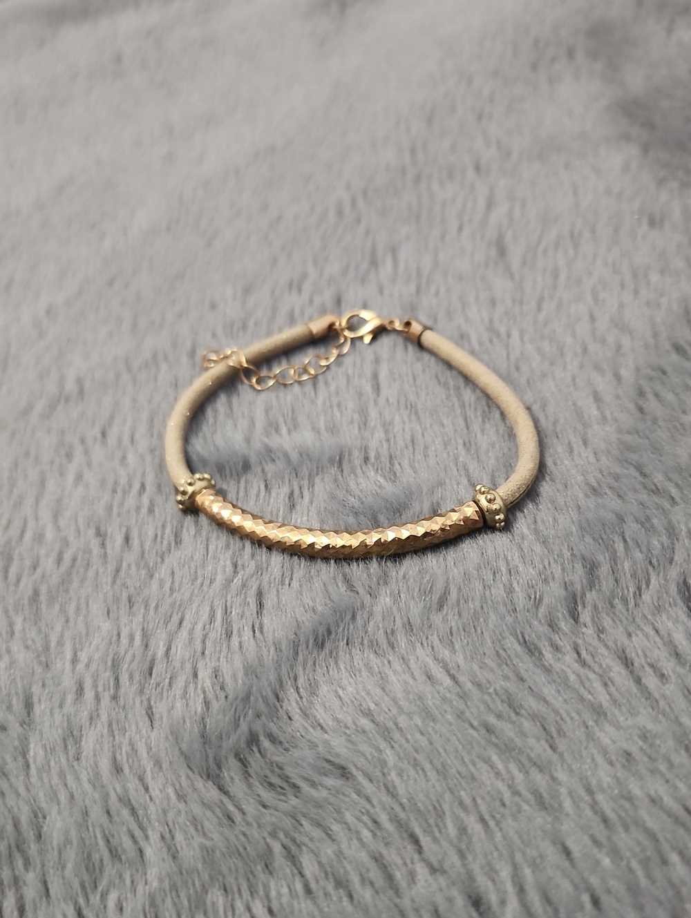 Gold Bar Accent Beige Cord Bracelet